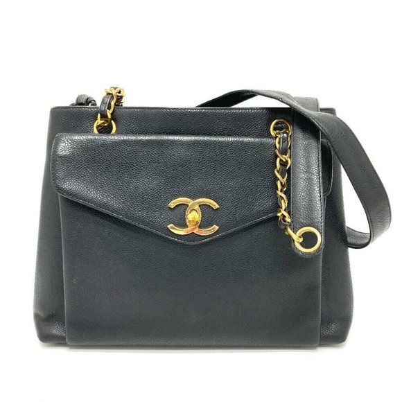 Chanel Vintage Chanel Black Caviar Leather Front Envelope Pocket